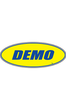 Oval Windshield Slogan Sticker - Blue/Yellow - "Demo" Oval Windshield Slogan Sticker - Blue/Yellow - "Demo"