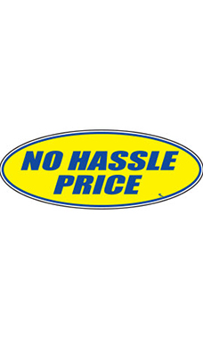 Oval Windshield Slogan Sticker - Blue/Yellow - "No Hassle Price" Oval Windshield Slogan Sticker - Blue/Yellow - "No Hassle Price"