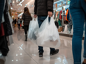 An image of a person walking and holding plastic t-shirt bags