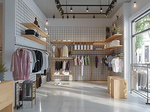An image of a boutique store with black wire grid and maple shelving