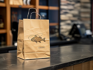 An image of a single kraft paper bag with a fish design sitting on a store counter
