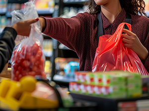 An image of a cashier handing a bag of produce to a person in a grocery store