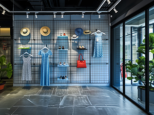An image of a retail store with blue sundresses and sun hats on black wire grid