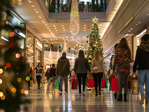 An image of a group of people walking together in a mall that has been decorated for Christmas
