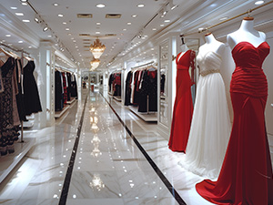 Image of red and white formal dresses in a boutique room with marble flooring