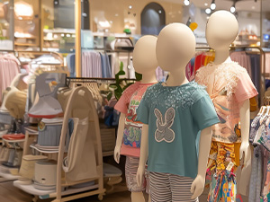 Image of various sizes of children's mannequins wearing pink and blue shirts