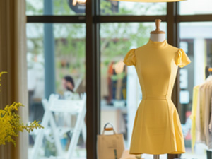 Image of a short yellow dress in a store window