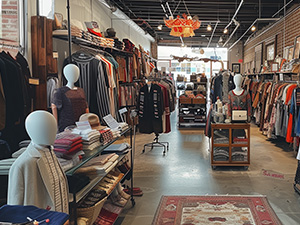 Image of a thrift store setup, with racks and mannequins displaying clothing