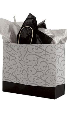 Large Black and Silver Swirl Paper Shopping Bags - Case of 100