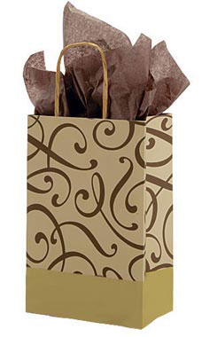 Small Chocolate and Kraft Swirl Paper Shopping Bags - Case of 100 Small Chocolate and Kraft Swirl Paper Shopping Bags - Case of 100