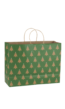 Large - Green Christmas Tree Paper Shopping Bags - Case of 100